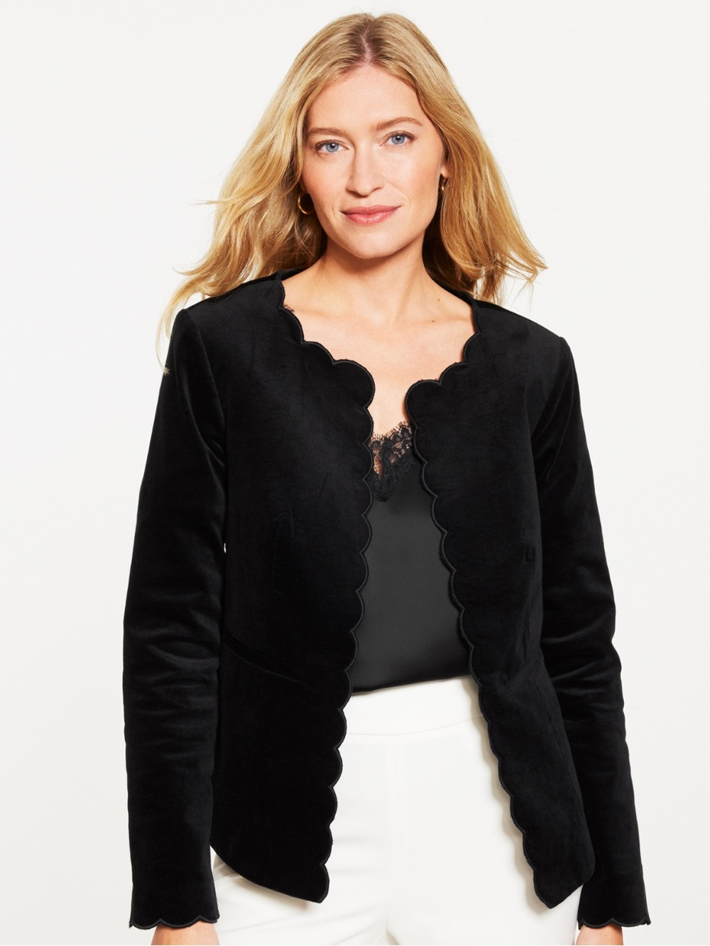 Talbots Stretch Velveteen Chic Black Scallop-Edge Jacket Blazer Plus Size 18W